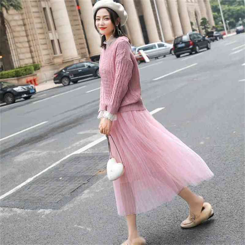 High Quality Autumn Winter Pattern Fashion Suit Solid color Knitting Sweater + Long Fund Mesh Skirt Two piece set 210603
High Quality Autumn Winter Pattern Fashion Suit Solid color Knitting Sweater + Long Fund Mesh Skirt Two piece set 210603
