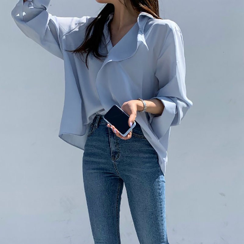Minimalist Sunscreen Blouse Women's Summer V-necl Cross Loose Long Sleeve Solid Color Shirt Female 5C471 210427