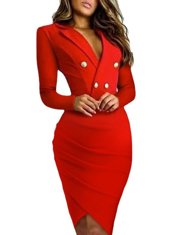 Casual Dresses Elegant Party Women Dress Slim V Neck Long Sleeve Mid Calf Pencil 2022 Office Lady Solid Red Robe