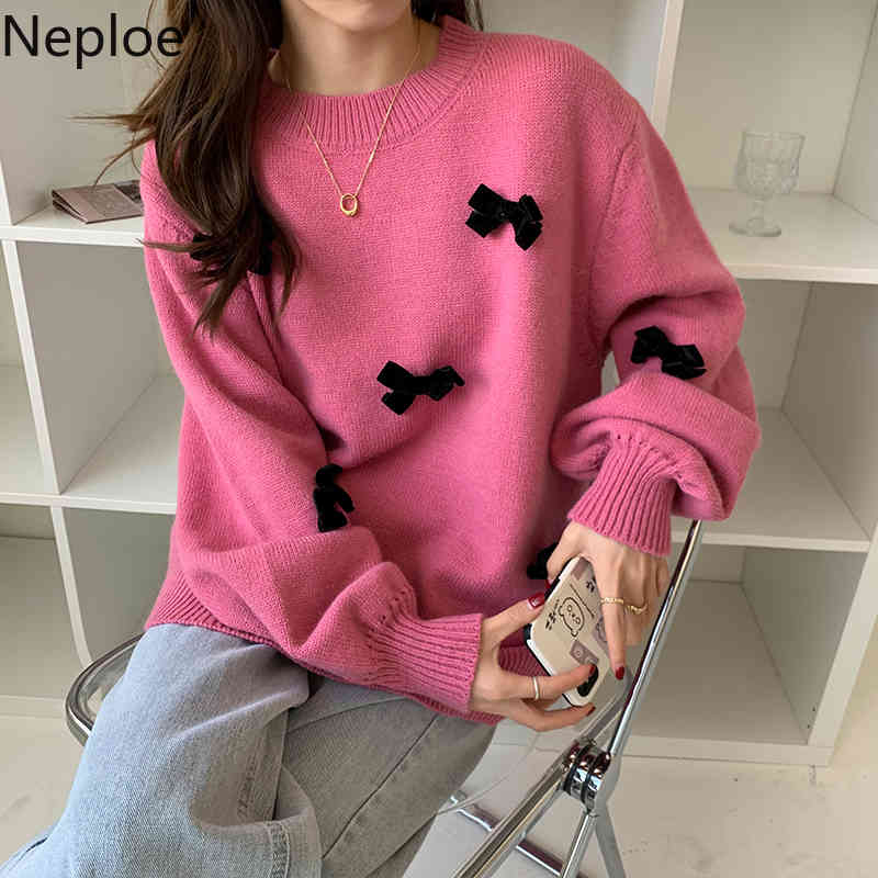 Neploe Sweet Bow Woman Sweaters Fall Women Clothes Korean Knitted Pullovers Tops O-neck Long Sleeve Loose Jumper Coat 4G671 210422