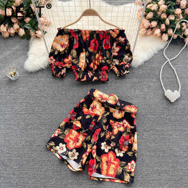 DEAT Women Slash Neck Printing Top Shorts Arrivals Two Piece Set Temperament Fashion Spring Summer 11D1562 210709
