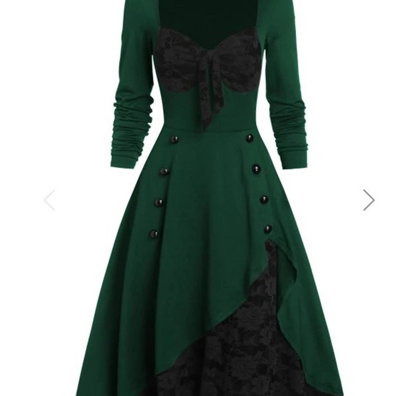 Women Christmas Dress Autumn Plus Size Party Flower Lace Insert Mock Button Bowknot Retro Vintage Fashion Chic Female Dress 210422