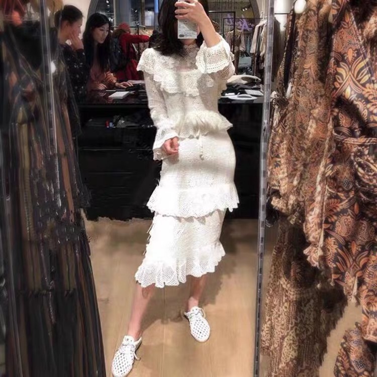runway deigner white lace high quality hollow out party night dress up slim ruffles flower embroidery flare sleeve 210421