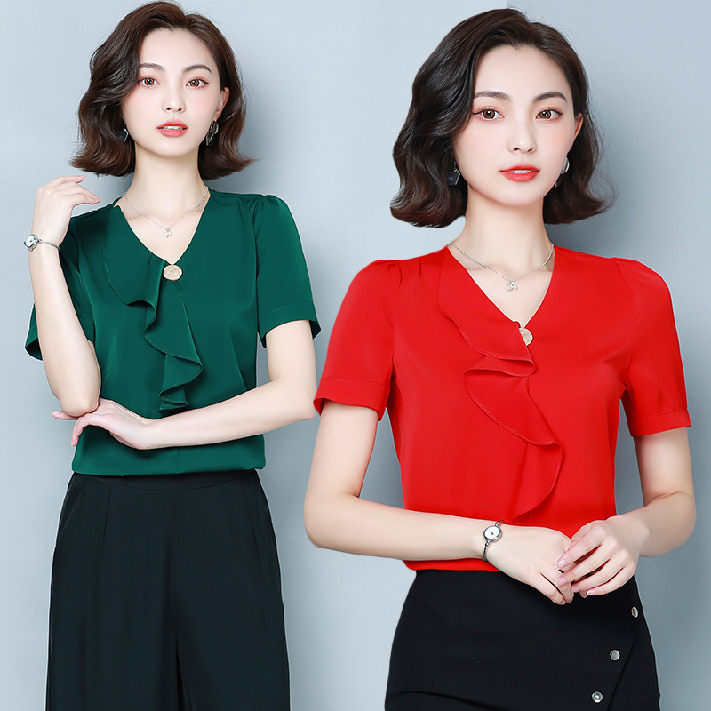 Ladies Tops Short Sleeves Shirt Women Clothes Solid Chiffon Blouse V-neck Shirts Butterfly Womens and Blouses 9048 50 210506