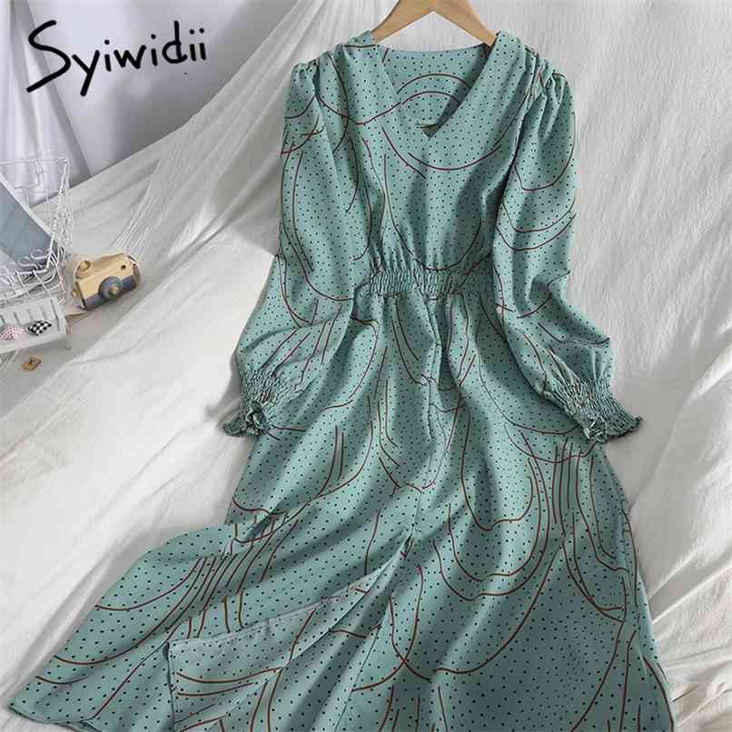 Fashion Polka Dot Elastic High Waist Dresses Women Puff Sleeve V-Neck A-line Slit Green Clothing Spring Korean 210607
Fashion Polka Dot Elastic High Waist Dresses Women Puff Sleeve V-Neck A-line Slit Green Clothing Spring Korean 210607