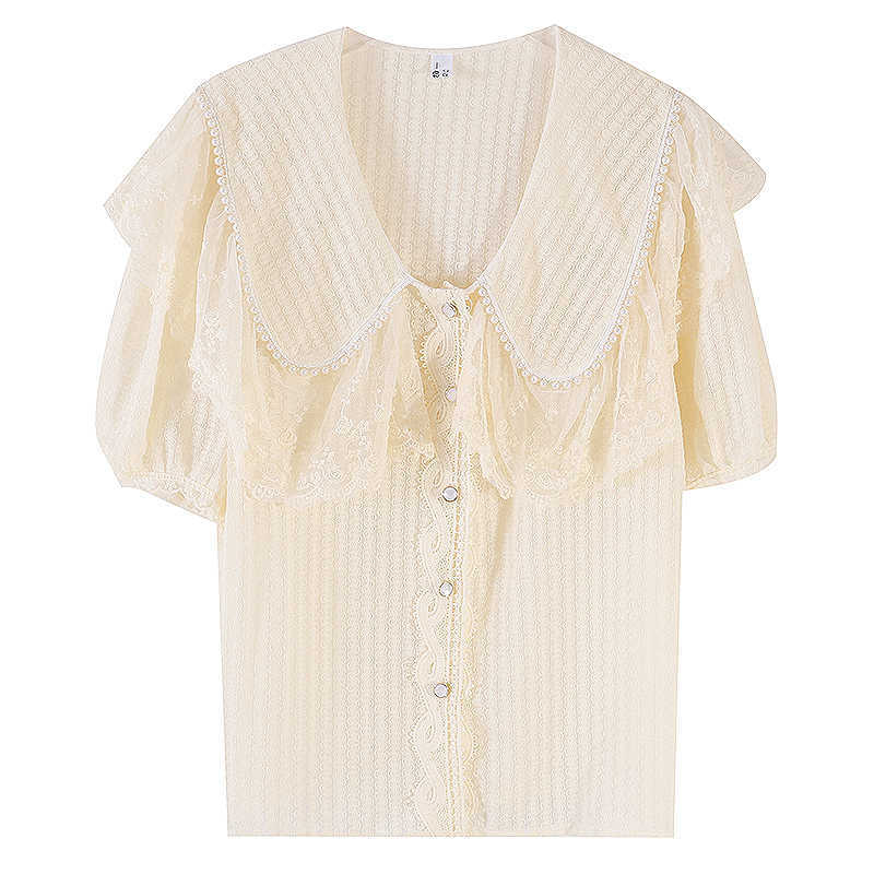 LY VAREY LIN Summer Women Sweet Single Breasted Lace Short Shirts Tops Casual Ruffled Sleeve Chiffon Office Lady Shirt 210526
