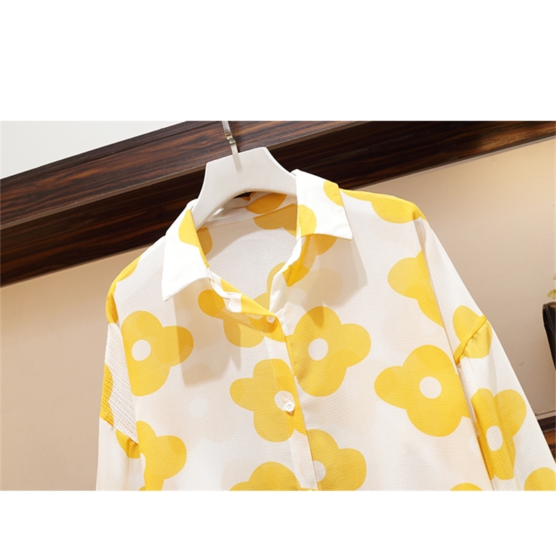 Plus Size L-4XL 3 Piece Set Women Flower Printing Chiffon Sunscreen Long Shirt + Solid Vest +High waist Metal Ring Shorts Suits 210707