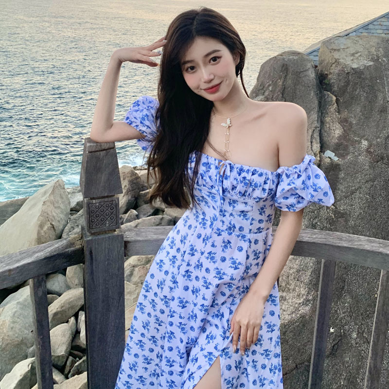 Summer Dress Puff Sleeve Elegant Vintage Sexy Square Collar Floral Dress Beach Evening Party Casual Dress Korea 210521