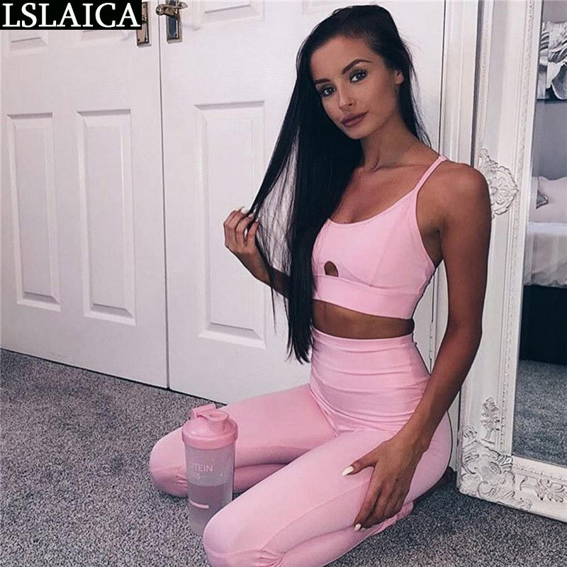 2 Piece Set Women Pink Sexy Hollow Out Crop Top Sport Suit Sling Backless Slim Gym Clothes Club Outfits Two 210520