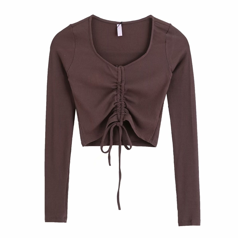 Sweet Women Sexy Solid Shirts Fashion Ladies Knitted Short Tops Elegant Female Chic Draped Drawsting Bow Blouses 210430
