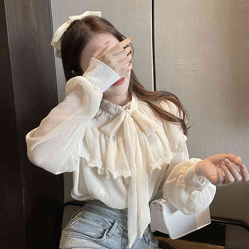 Nomikuma Spring Elegant Pleated Blouse Shirt Korean Bow Tie Stand Neck Ruffle Blouse Causal Pullover Blusas Top New 6E482 210427