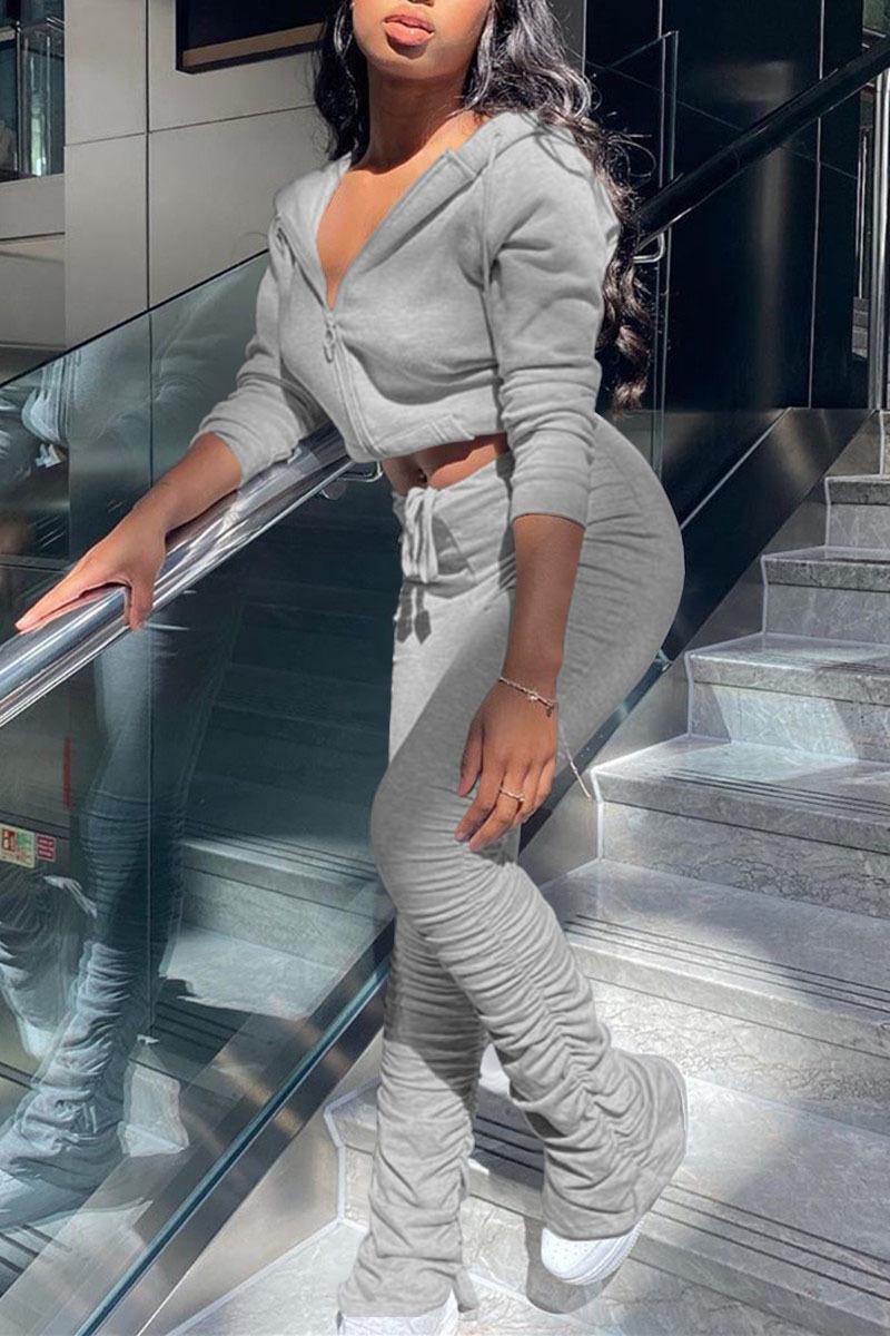Spring Autumn Women Solid Color Casual Tracksuit Long Sleeve Zipper Hooded Cardigan Pleated Bell-bottom Pants Sets Women's Tracksuits