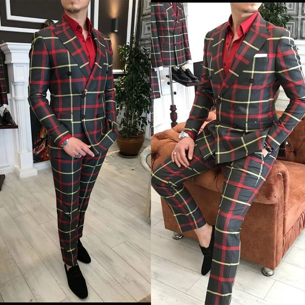 Newest One Button Damier Check Groom Tuxedos Red Shawl Lapel Slim Fit Mens Wedding Suits Formal Party Prom Suit Custom Made(Jacket+Pants)