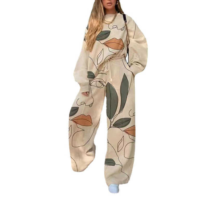 Oversized Tracksuit Women Two Piece Set Autumn Clothing Cartoon Print Pullover Sweatshirt Wide Leg Pants Suits Fashion Outfits 210930