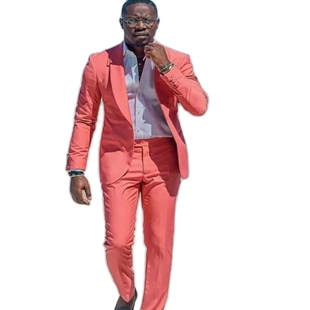 Coral Mens Suits Wedding Tuxedos Shawl Lapel Prom Party Evening Suit 2 Pieces Groom Formal Wear Jacket+Pants Handsome Blazer