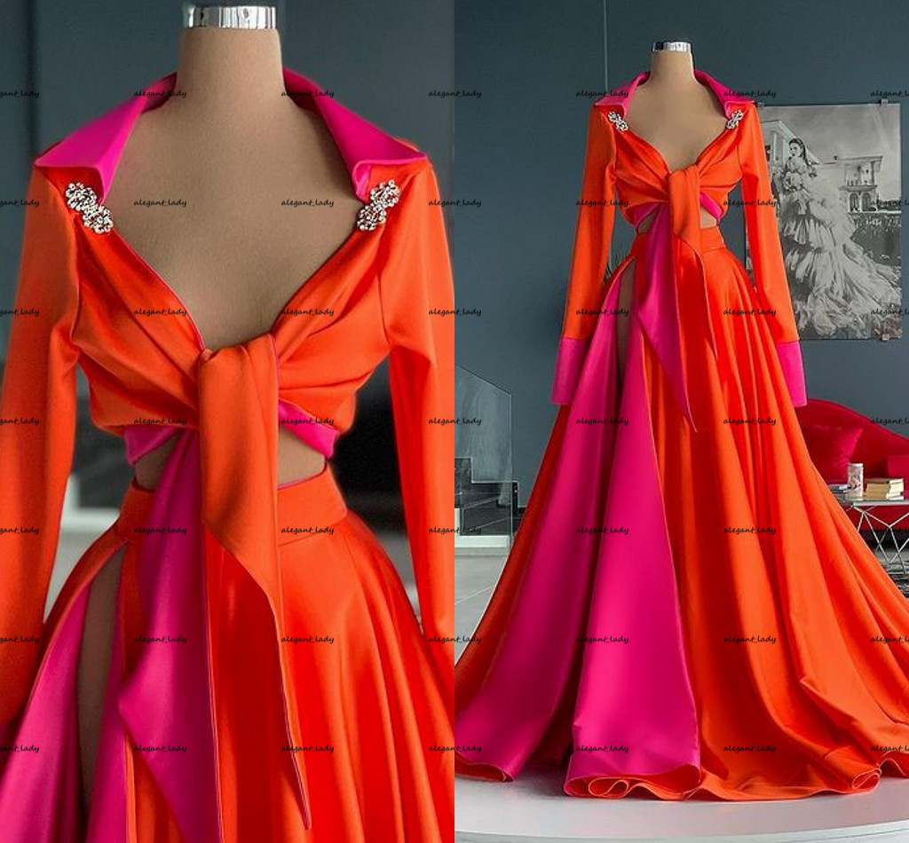 Orange Fuchsia Shirt Evening Dresses 2022 Long Sleeve Sexy High Slit Crop Top African Aso Ebi Arabic Celebrity Prom Dress