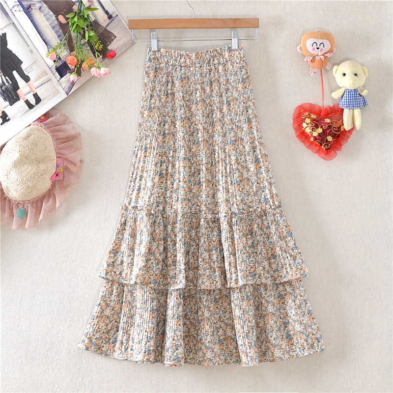TIGENA Floral Print Chiffon Midi Long Skirt Women Summer Cute Tiered A Line High Waist Pleated Mid-length Female Lady 210621