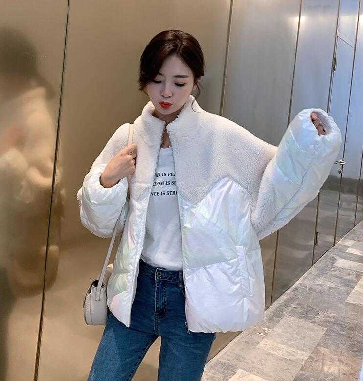 Fashion Winter lambswool Patchwork jacket women Fur splice Cotton padded coat Thcik Warm short cotton coats female Overcoat 211018