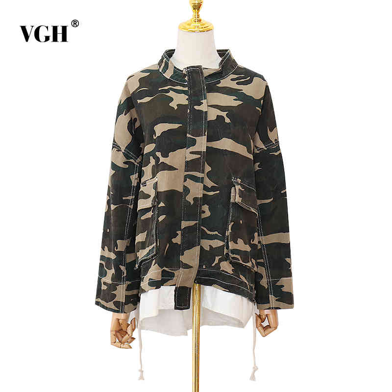 VGH Print Camouflage Jacket For Women Stand Collar Drawstring Oversized Casual Jackets Female Fall Fashion New Clothing 210421