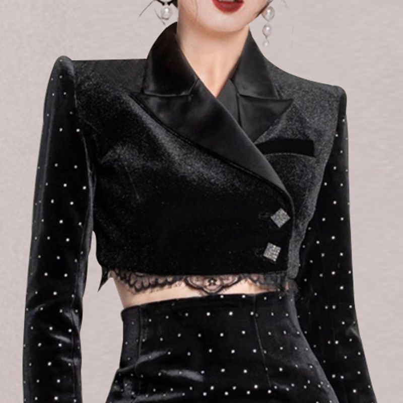 High Quality Korean Women Two Piece Set Elegant Black Dot Velvet Short Coat And Waist Bodycon Lace Patchwork Skirt Suit 210519