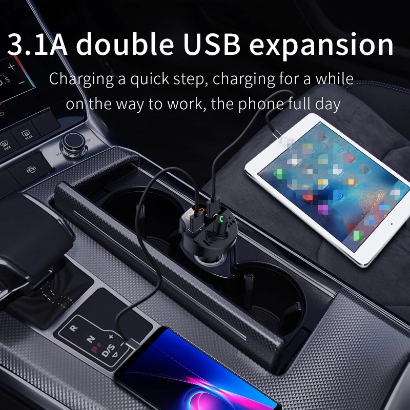 Car Adapter USB Charger Bluetooth Kit Wireless FM Transmitter MP3 Music Player Multifunction Mobile Phone Quick Charge Handsfree Calling Support TF Ca