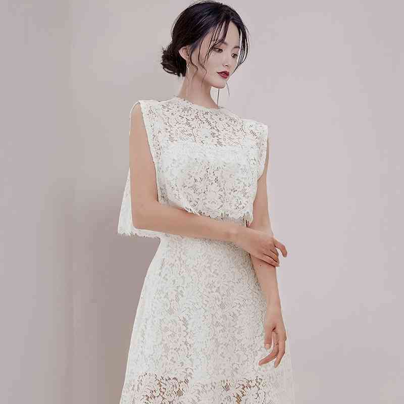 White Lace Hollow Out Two Piece Set For Women Sleeveless Shirts High Waist Long Skirts Female Suit 210520