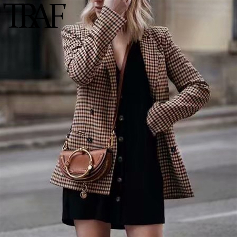 Women Fashion Retro Double Breasted Plaid Blazer Office Lady Long Sleeve Slim OL Casual Jacket Female 210507