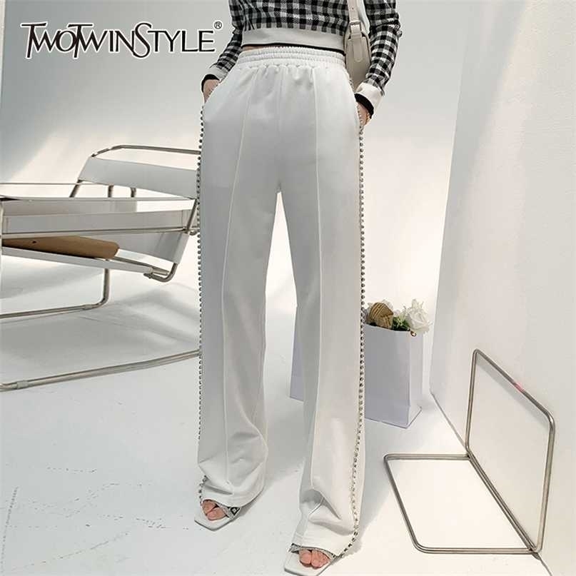 TWOTWINSTYLE White Casual Diamonds Pant For Women High Waist Solid Elastic Minimalist Pants Females Fashion Summer Clothing 211115