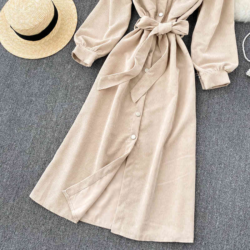 LoveFlowerLife Autumn Fashion Streetwear Midi Dress Retro Corduroy Blouse Women Turn-down Collar Single Breasted A-line Dresses 210521