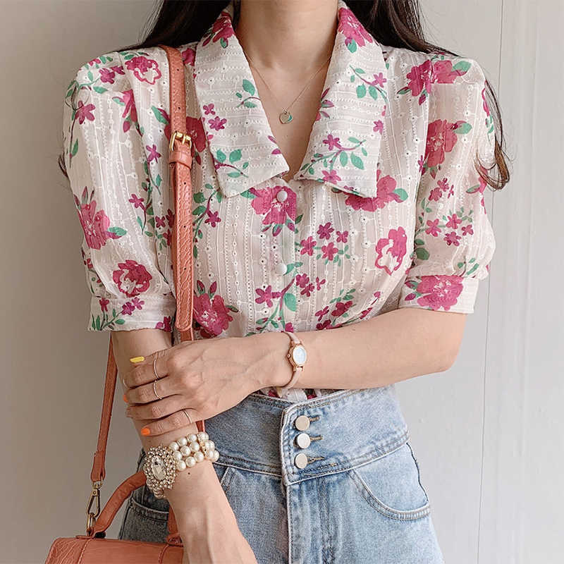 Korejpaa Women Shirt Summer Korean Chic Ladies Lapel Single-Breasted Embroidered Cutout Loose Floral Puff Sleeved Blouses 210526