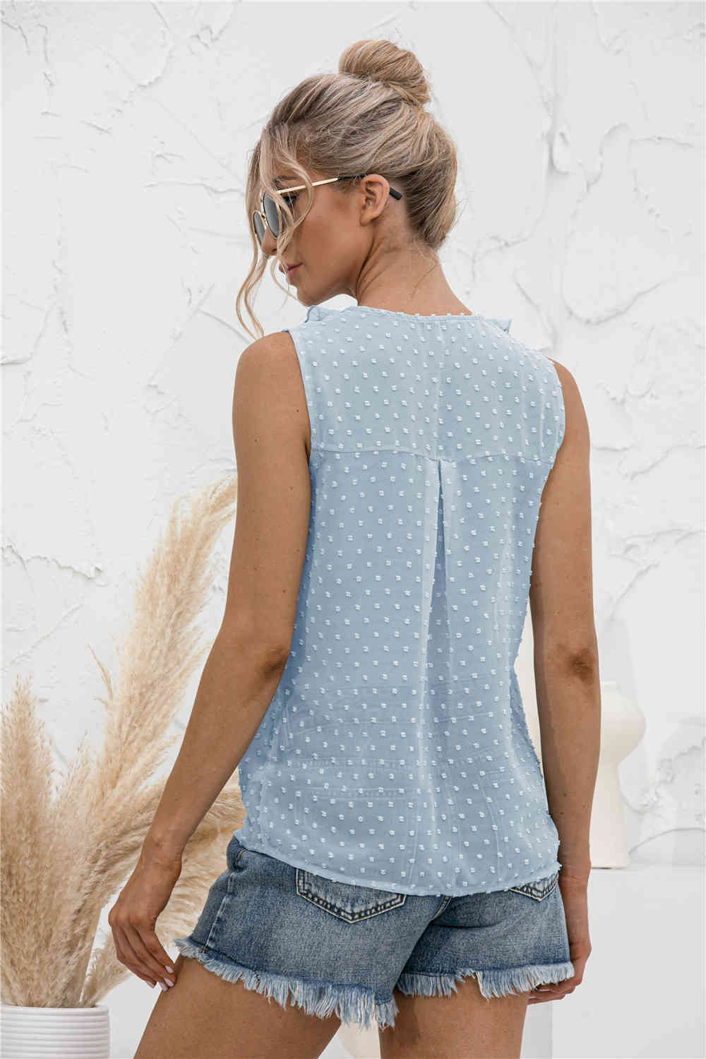 Summer Solid Ruffle Tank Tops Women Sleeveless Tee Dot Printed V Neck Button Female Vest Casual Loose Chiffon Tshirt 210522