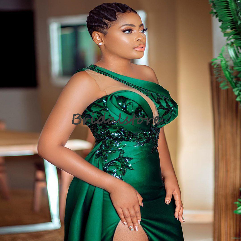 Plus Size Green African Prom Dresses 2022 With High Slit Sexy One Shoulder Mermaid Evening Gowns Elegant Black Girls Formal Party Dress Aso Ebi Robes 