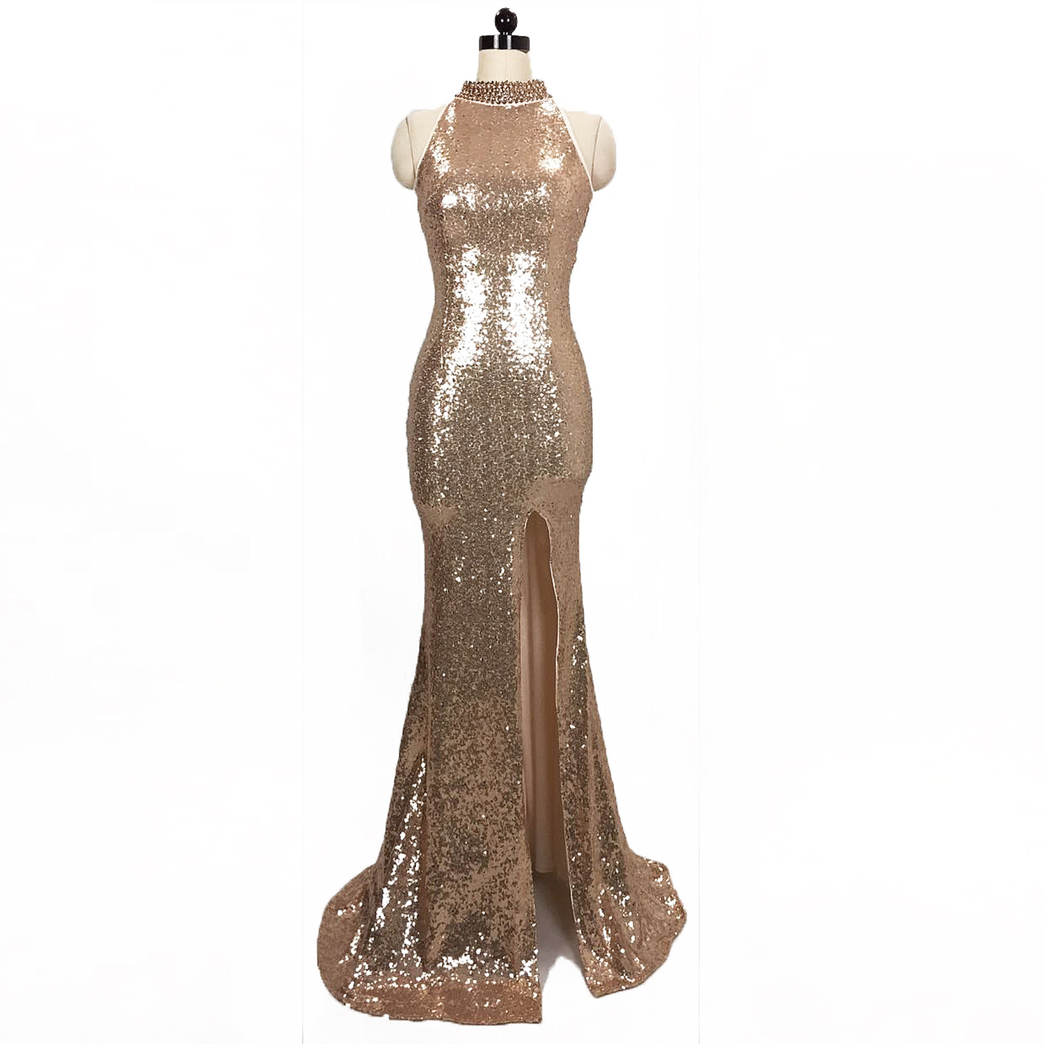 Split High Neck Fishtail Skirt Slim Fitting Evening Bridesmaid Dress rose gold sequins Banquet Model Junior Bridesmaid Dresses