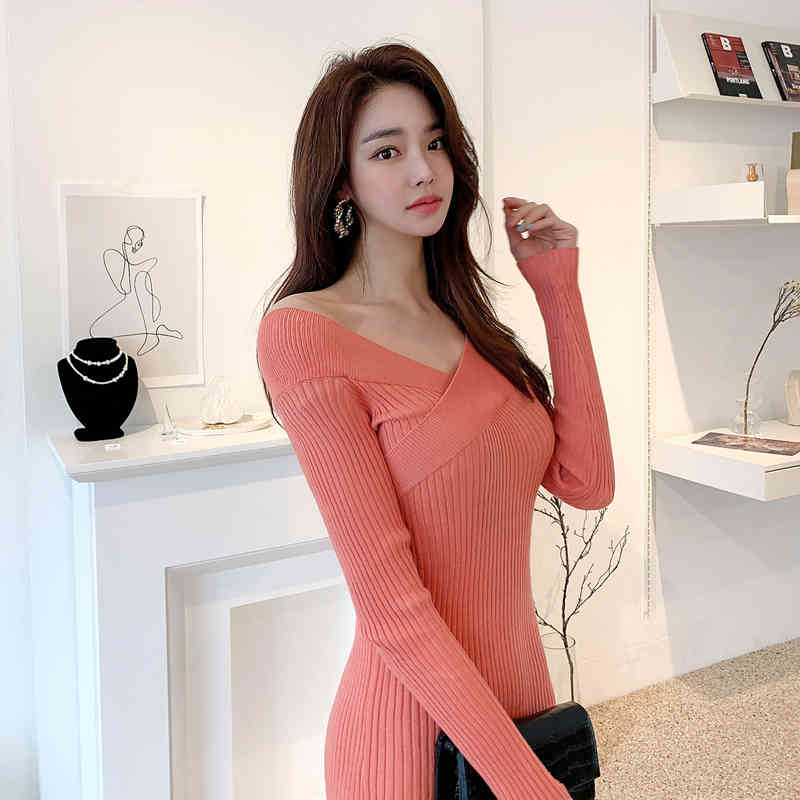 Women's Knitted Sweater Dresses Winter Sexy Off Shoulder Casual Long Sleeve Fashion Vintage Elegant For Female Vestidos 210520