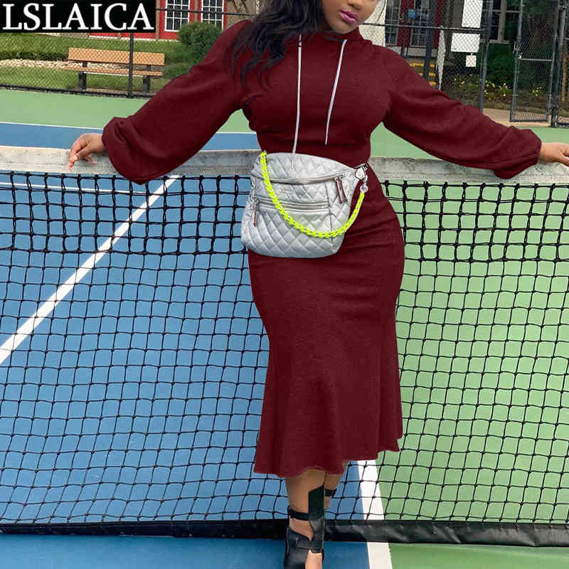 Two Piece Set Women Midi Skirt and Top Plus Size Casual Solid Female Outfits Autumn Hooded Crop Fashion Streetwear 210520
