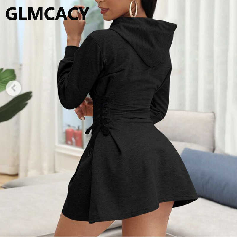 Women Casual Solid Hooded Dress Lace Up Waist Side Corset Dress 210702