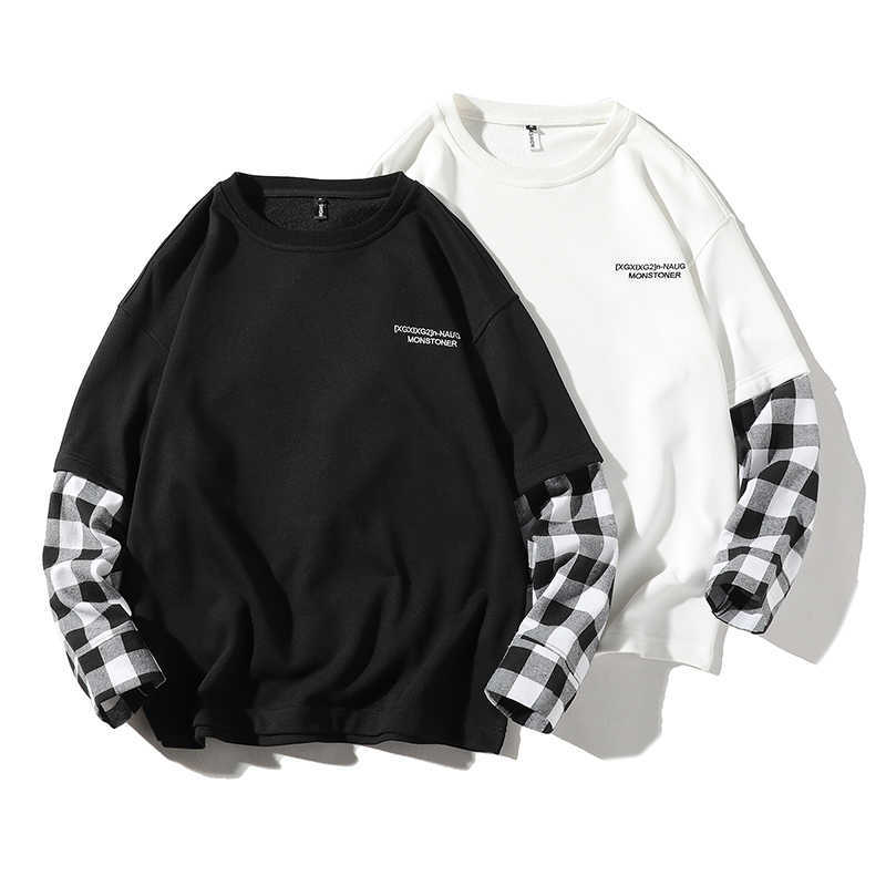 LIFENWENNA Full Sleeve T-shirts Men O-neck Patchwork Long Sleeve T Shirt Men Casual Comfortable Hip Hop T Shirts Men Autumn 5XL 210528