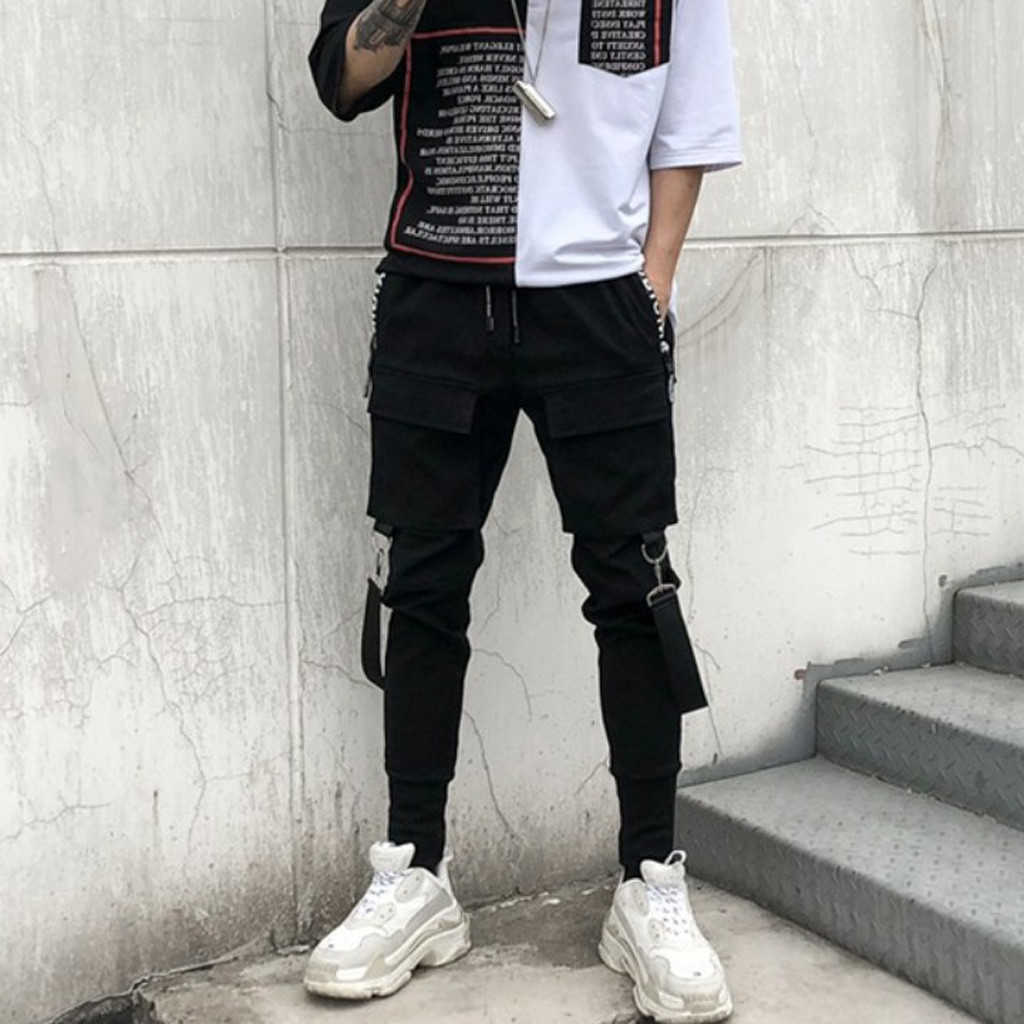 2021 Hiphop Streetwear Jogger Pant Men Black Multi-pocket Ribbons Pants Cotton Casual Street Style Sweatpants Men Y0927