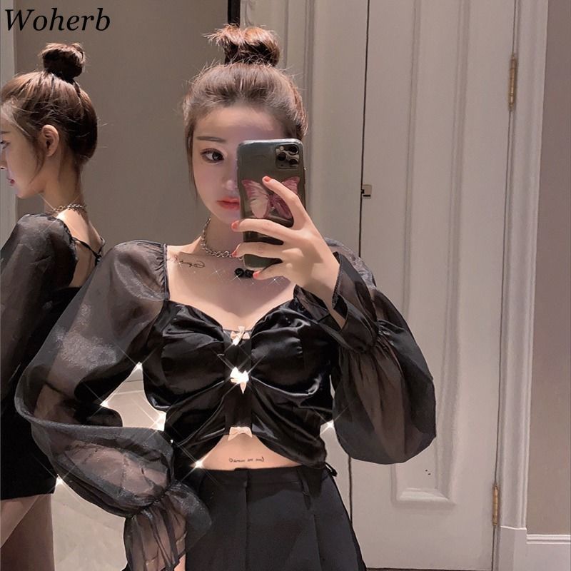 Blouse Women See Through Puff Sleeve Crop Tops Korean Fashion Chiffon Blusas Mujer Sexy Lady Pleated Blouses 95388 210519