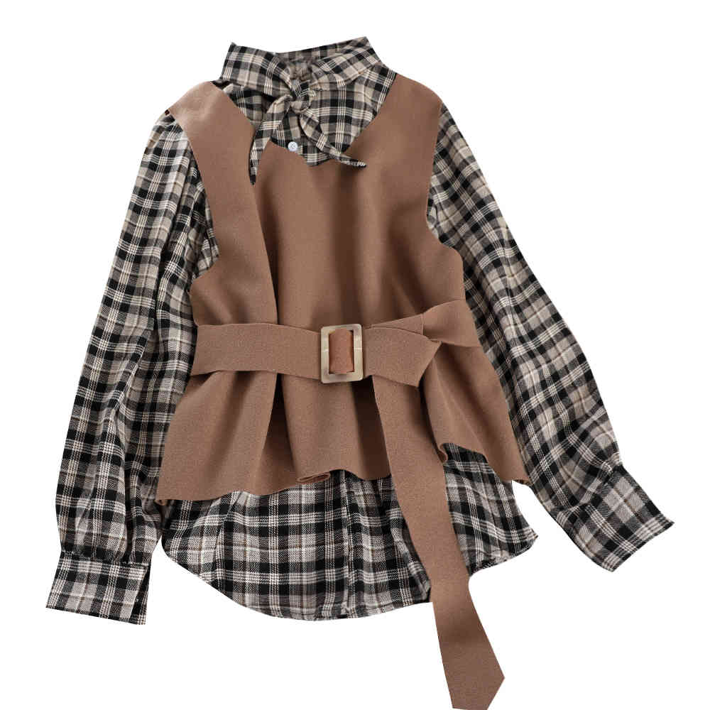 Vintage Two Pieces Set Women Paid Blouse + Belt Vest Korean Fashion Chic Outfits Casual 2 Piece Suit Mujer 210519