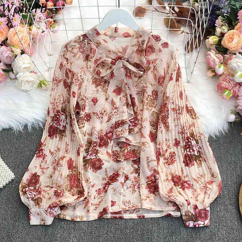 Ladies Tops Fashion Chiffon Blouses Women V-neck Lace Up Bow Lantern Sleeve Blusas Floral Pleated Shirt Femme 210519