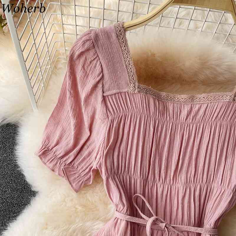 Summer Korean Solid Pleated Dress Sweet Elegant Bandage Dresses Vintage Square Collar Csual All Match Vestidos De Mujer 210519