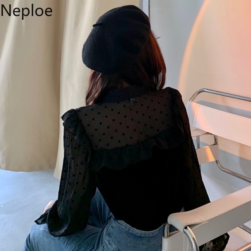 Neploe Women Tops Lace Up Bow Patchwork Polka Dot Blusas Mujer Long Sleeve Sweet Ruffles Shirts Loose Elegant Blouses 95126 210422