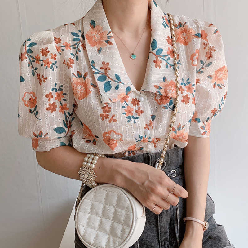 Korejpaa Women Shirt Summer Korean Chic Ladies Lapel Single-Breasted Embroidered Cutout Loose Floral Puff Sleeved Blouses 210526