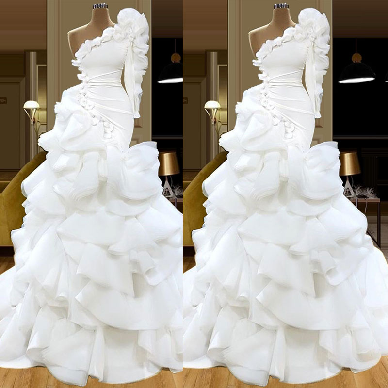 Elegant White Wedding Gowns One Shoulder Tiered Ruffles Floor Length Custom Made Bridal Dresses Plus Size