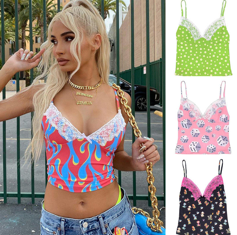 women's cami spring V-neck printing lace splicing short open navel suspender top Sexy Slim Sling Print Summer Camisole Cropped, White
women's cami spring V-neck printing lace splicing short open navel suspender top Sexy Slim Sling Print Summer Camisole Cropped, White