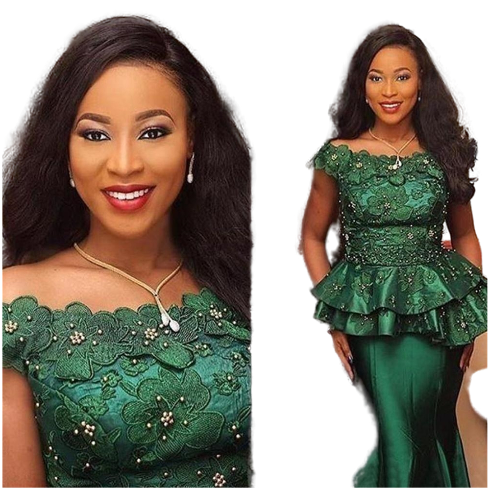 2024 Africa Dark Green Mermaid Prom Dresses Floor Length Off Shoulder Appliques Lace Beaded Pearls Formal Party Evening Gowns vestidos