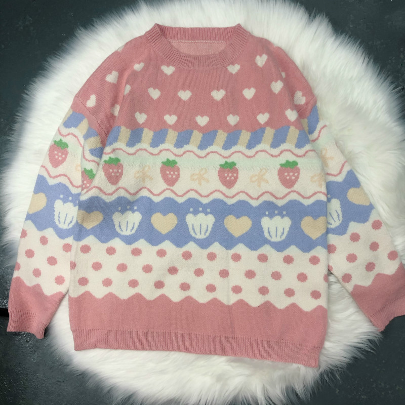 Harajuku Fashion Cute Cartoon Sweater Women Strawberry Jacquard Pattern Kawaii Pink Knitted Autumn Winter Jumper 210519