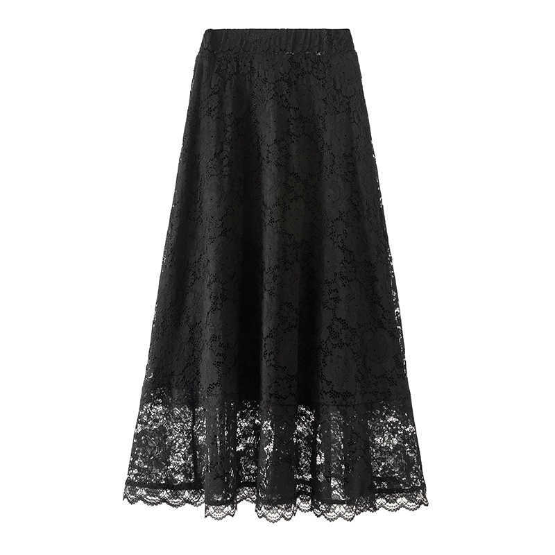 Summer Black Lace Long Skirt Faldas Plus Size Loose High Waist Women s A- Line Midi for s 9833 210619