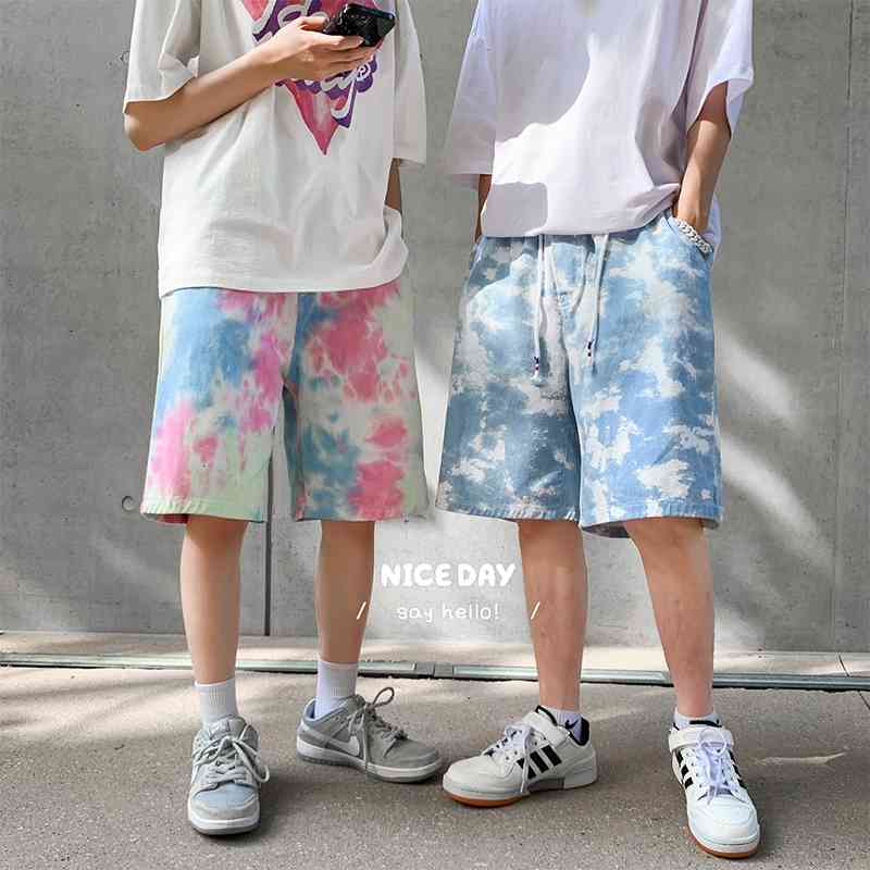 Men's Jeans Summer Tie-dye Denim Shorts Fashion Casual Drawstring Men Streetwear Loose Hip-hop Straight Mens 5LGK